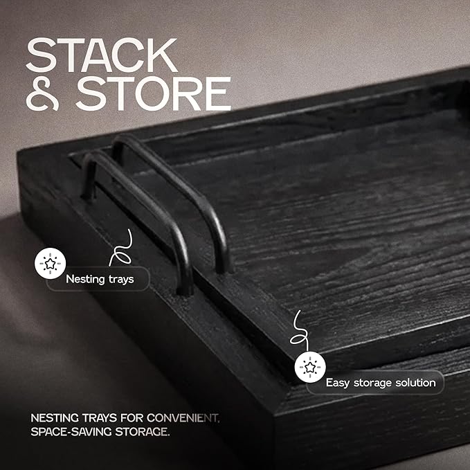 Besti Rustic Vintage Food Serving Trays (Set of 2) | Nesting Wooden Board with Metal Handles | Stylish Farmhouse Decor Serving Platters | Large: 15 x2 x11” - Small: 13 x2 x9” (Black)