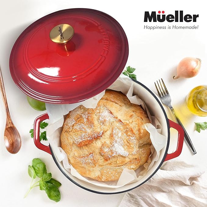 MUELLER HOME 7.5 QT Enameled Cast Iron Dutch Oven, Heavy-Duty Casserole Dish and Braiser Pan with Lid and Stainless Knob, Oven-Safe up to 500° F & Across All Cooktops, Red