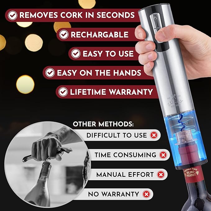 Zulay Kitchen Electric 3-in-1 Wine Bottle Opener Set – with Foil Cutter, USB Rechargeable Corkscrew, Automatic, Cordless, Sleek Stainless Steel Design for Home, Bar & Gifting, for Wine Lovers