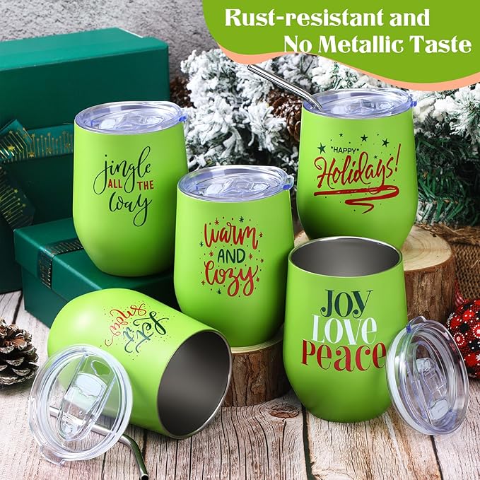 Uiifan 10 Pack Christmas Tumblers Gifts 12 Oz Xmas Funny Tumbler Christmas Stainless Steel Coffee Mugs Set Xmas Insulated Travel Cup with Straw Lid for Family Xmased Holiday Gift (Green)