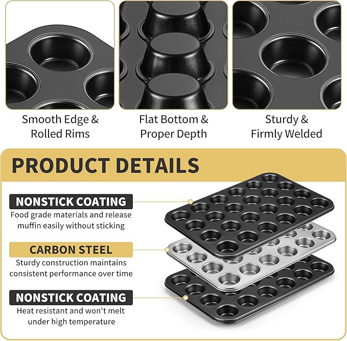 TeamFar Mini Muffin Pan, 24-Cup Non-Stick Carbon Steel Cupcake Tray Tin for Baking, Small Cup Cake Bakeware for Bite-Sized Cheesecake Tart Quiches, Even Baking & Effortless Release & Easy Clean