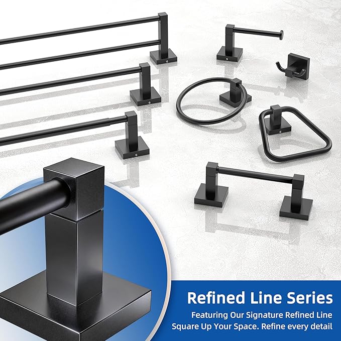RUACQ Adjustable Towel Bar 13.8 to 24 inch,Square Base Single Towel Racks for Bathroom,Stainless Steel Towel Holder wall Mounted,Sturdy and Rustproof(Matte Black)