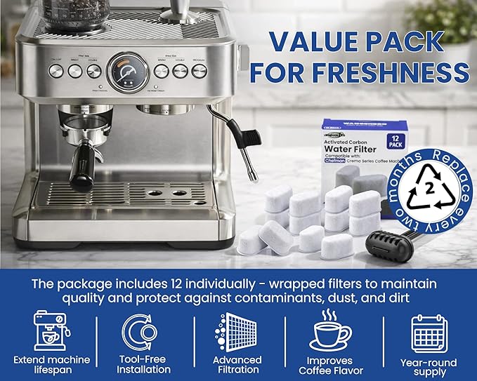 12 Pack Replacement Charcoal Water Filters for Chefman Crema Supreme Espresso Machine, Activated Carbon Water Filters for Crema Deluxe Coffee Maker, Compatible with Chefman Espresso Machine Parts