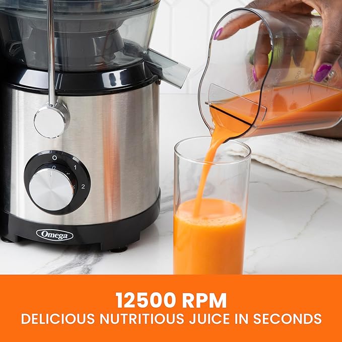 Omega Centrifugal Juicer with 3-Inch Wide Chute High Speed Extractor For Fruits and Vegetables, Features 2 Speeds Stainless Steel Filter and Large Pulp Container, 1000-Watts, Black