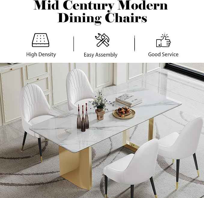 AF ARTISAN FURNITURE White Dining Chairs Set of 2 with High Backs Mid Century Modern Kitchen Dining Room Chairs PU Faux Leather Upholstered Large Padded Accent Chair with Legs
