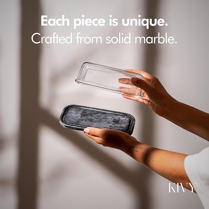 KIVY Butter Dish (Black Marble & Glass) - For countertop and refrigerator door shelf - Marble butter keeper - Stone butter dish with lid - Dishwasher Safe