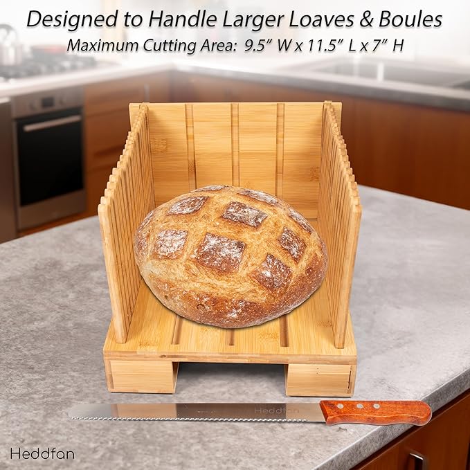 Bamboo Bread Slicer For Homemade Bread - Built-In Knife Slot, Crumb Catcher & Storage Compartment - Adjustable Extra Wide & High For Sourdough - Long 12” Knife Blade Included
