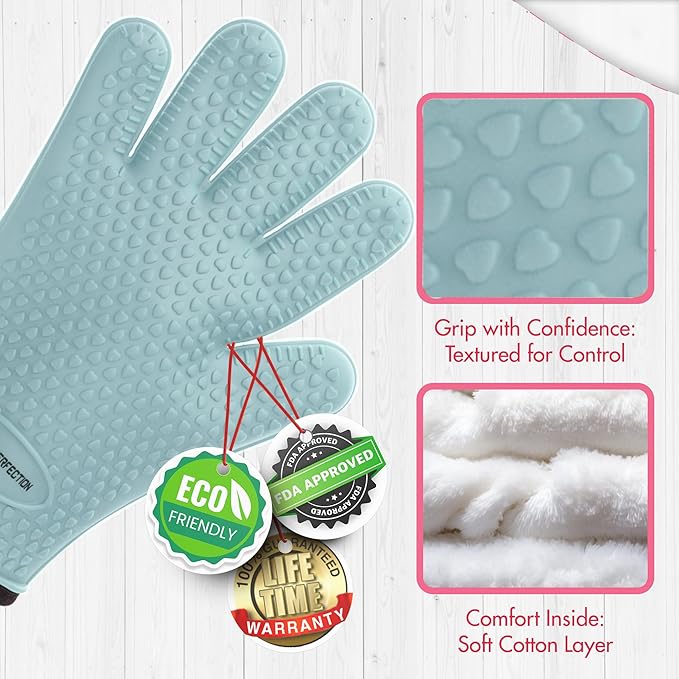 KITCHEN PERFECTION XL Silicone Smoker Oven Gloves for Women -Extreme Heat Resistant BBQ Gloves -Handle Hot Food Right on Your Grill Fryer&Pit|Waterproof Grilling Cooking Mitts|Superior Set+3 Bonuses