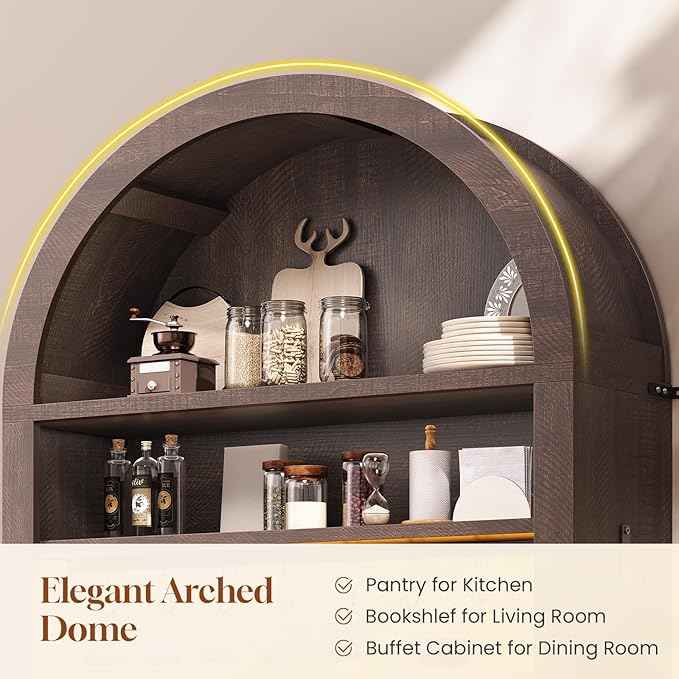 Itaar 73" Tall Arched Bakers Rack with Power Outlet and LED Light, Farmhouse Coffee Bar Cabinet, Kitchen Microwave Stand with Storage for Kitchen, Dining Room, Living Room, Brown