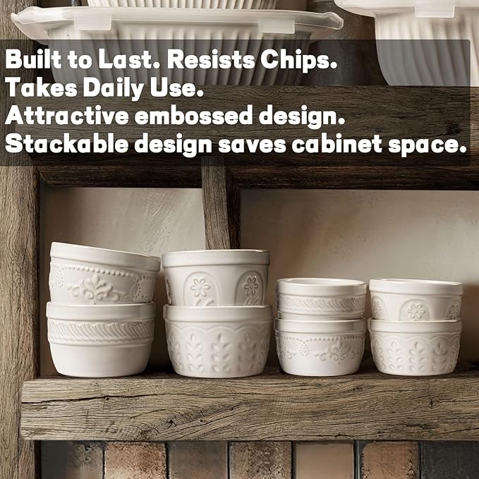 Artena Ramekins Oven Safe, Creme Brulee Ramekins, Embossed White Ceramic Ramiken, Souffle Pudding Custard Cups, Baking Dish, Dipping Bowls, Sauce Cups, Set Of 4 (Damask Floral, 4 oz)