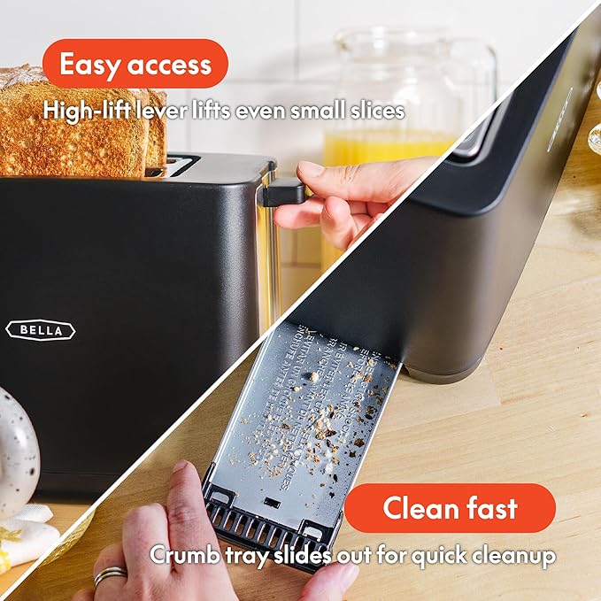 bella 2 Slice Toaster with Auto Shut Off - Extra Wide Slots & Removable Crumb Tray and Cancel, Defrost & Reheat Function - Toast Bread, Bagel & Waffle, Black
