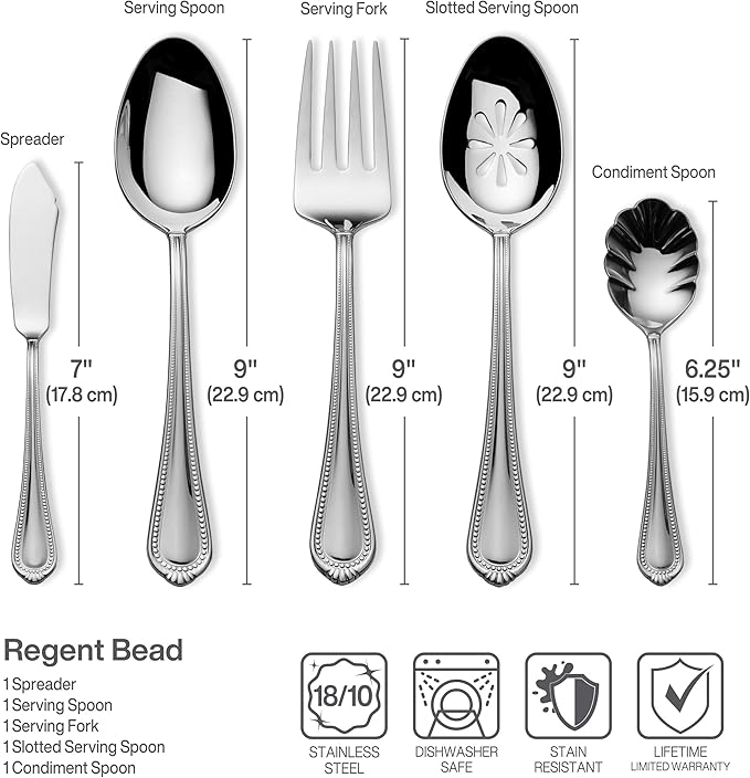Mikasa Regent Bead 65-Piece Silverware Set, 18/10 Stainless Steel Flatware Service for 12, Includes 5 Serving Tools, Dishwasher Safe Polished Cutlery