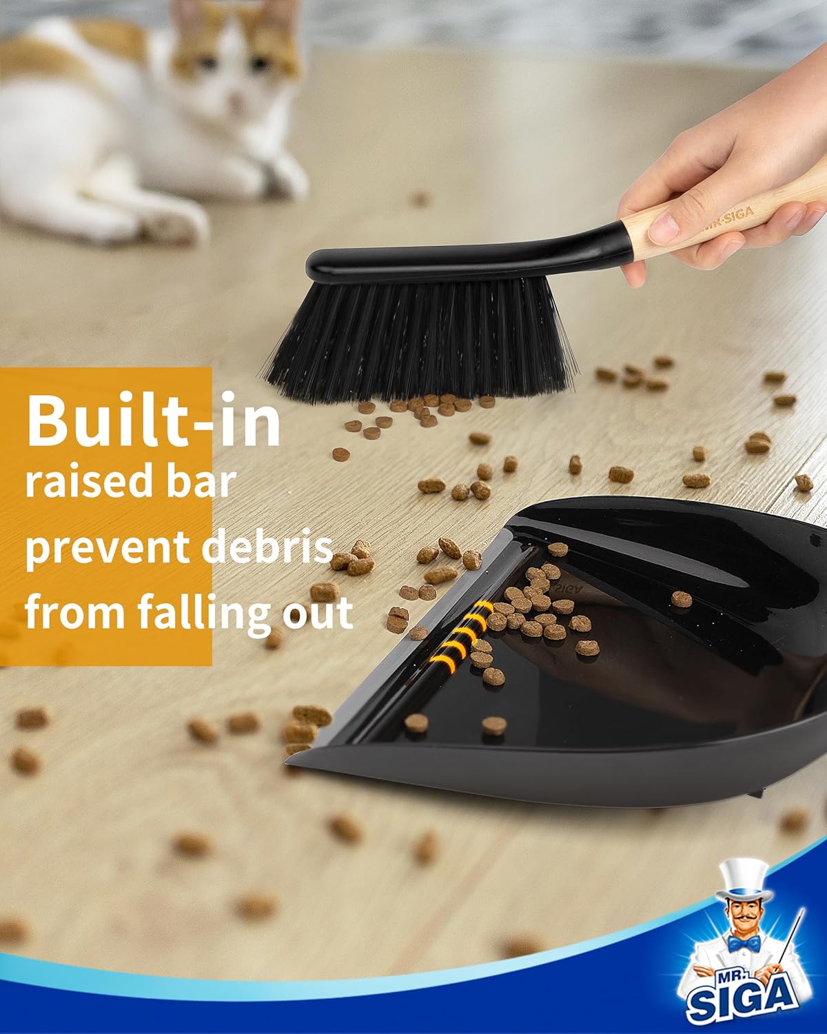 MR.SIGA Dustpan and Brush Set, Portable Cleaning Brush and Dustpan Combo with Bamboo Handle, Black, 1 Set