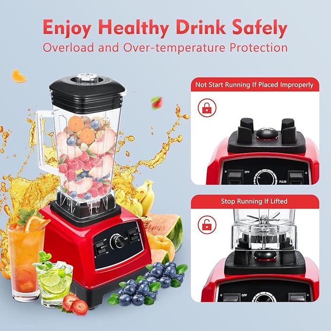 Heavy Duty Household Grade Smoothie Juicer,Adjustable Speed Countertop Smoothie Mixer,Low Noise Self-cleaning Blender 24000-26000rpm 2L/68oz (Red)