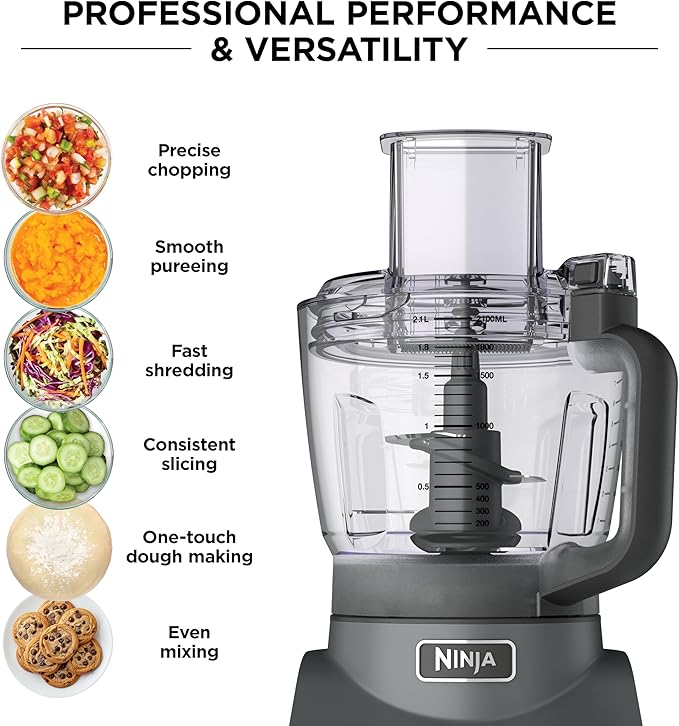 Ninja Food Processor, Professional Plus, 1000 Peak Watts, 4 Functions for Chopping, Slicing, Purees & Dough with 9-Cup Processor Bowl, 3 Blades, Food Chute & Pusher, Silver, BN601