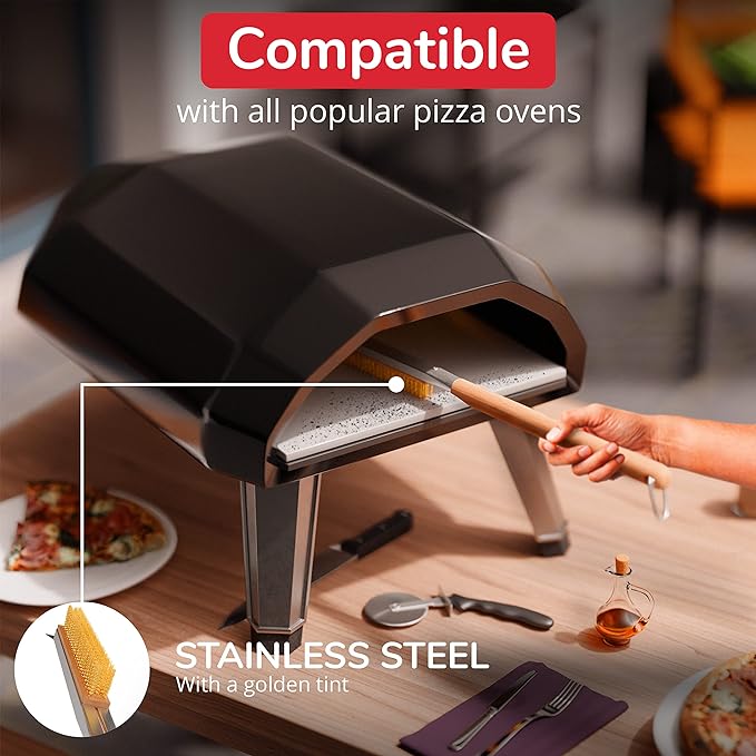 Senwosa 26” Pizza Oven Brush with Stone Scraper - Heat Resistant Stainless Steel Bristles, Extra Long Handle - Compatible with Ooni, Gozney & Similar Ovens - Includes Spare Head
