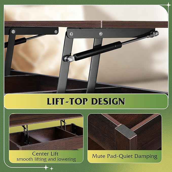 WLIVE Coffee Table, Lift Top Coffee Table with Drawers, LED Light, Large Storage and Open Shelf, Lift Tabletop for Living Room, Espresso