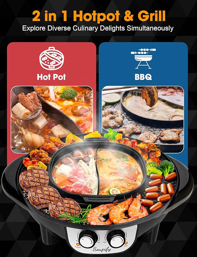2 in 1 Hot Pot with Grill, Electric Korean BBQ Grill, Independent Dual Temperature Control & Non-stick Pan, Multi-function Smokeless Barbecue Grill for Family and Friends Gathering