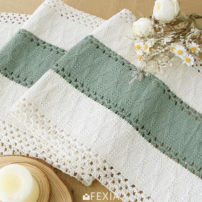 FEXIA Sage Green Table Runner 72 Inches Long with Tassels Boho for Easter Home Decor Rustic Macrame Farmhouse Table Cover for Srping Party Bohemian Bridal Shower Dining Decorations(12x72 Inches)