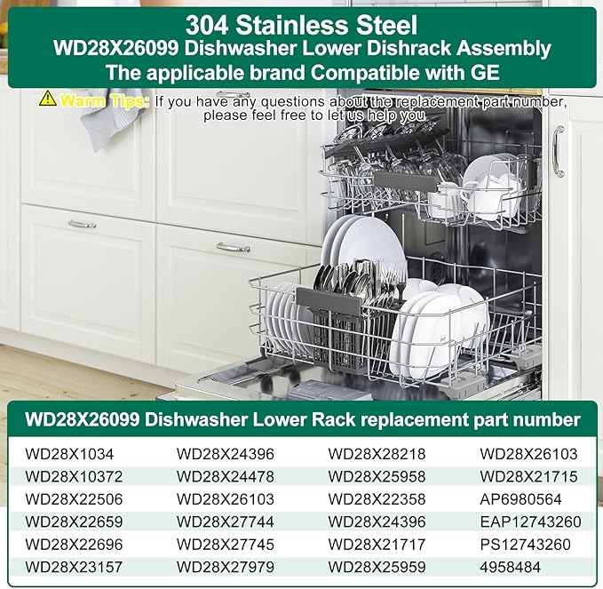UPGRADED 304 Stainless Steel WD28X26099 WD28X24396 Dishwasher Lower Rack Replacement Compatible with GE Dishwasher Rack Parts With WD28X27241 Wheel & WD28X10128 Universal Dishwasher Silverware Basket