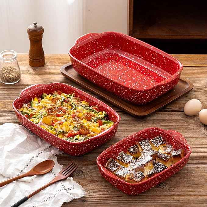 3-Pack Ceramic Lasagna Pan,Heavy-Duty Rectangular Baking Dishes, High Heat Resistant Oven-Safe Stoneware Casserole with Handles,Home Baking,Speckle Series(13.8''/12''/9.6'' Red)