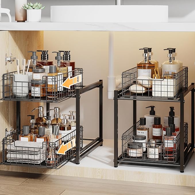 Under Sink Organizer, 2-Tier Pull Out Cabinet Organizer, Kitchen Bathroom Organizer and Storage, Spice Rack for Kitchen, Multi-use Sliding Drawers Shelves, Pack of 2