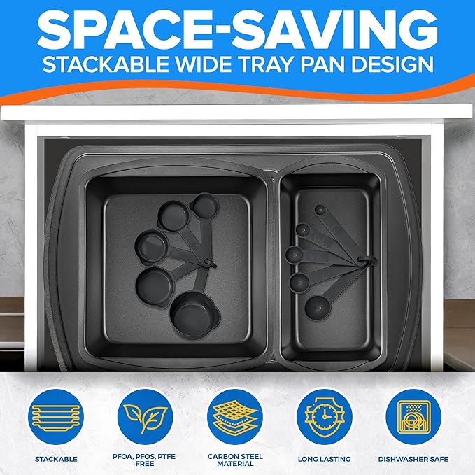 Emporio Kitchen Stackable Baking Pan Set - Deluxe Nonstick Black Coating, Carbon Steel Bakeware Sets, PFOA, PFOS, PTFE Free, Recipe Booklet Included, Oven Safe (Up to 450°F), Set of 7 - Black