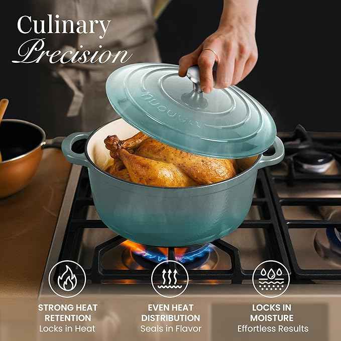 Nuovva Enamelled Cast Iron Dutch Oven Pot with Lid 6.4 Quart Non Stick Casserole Pot – Heavy Duty & Oven Safe up to 500° F for Bread Baking, Braising, Stews, Roasting – 28cm Sea Salt