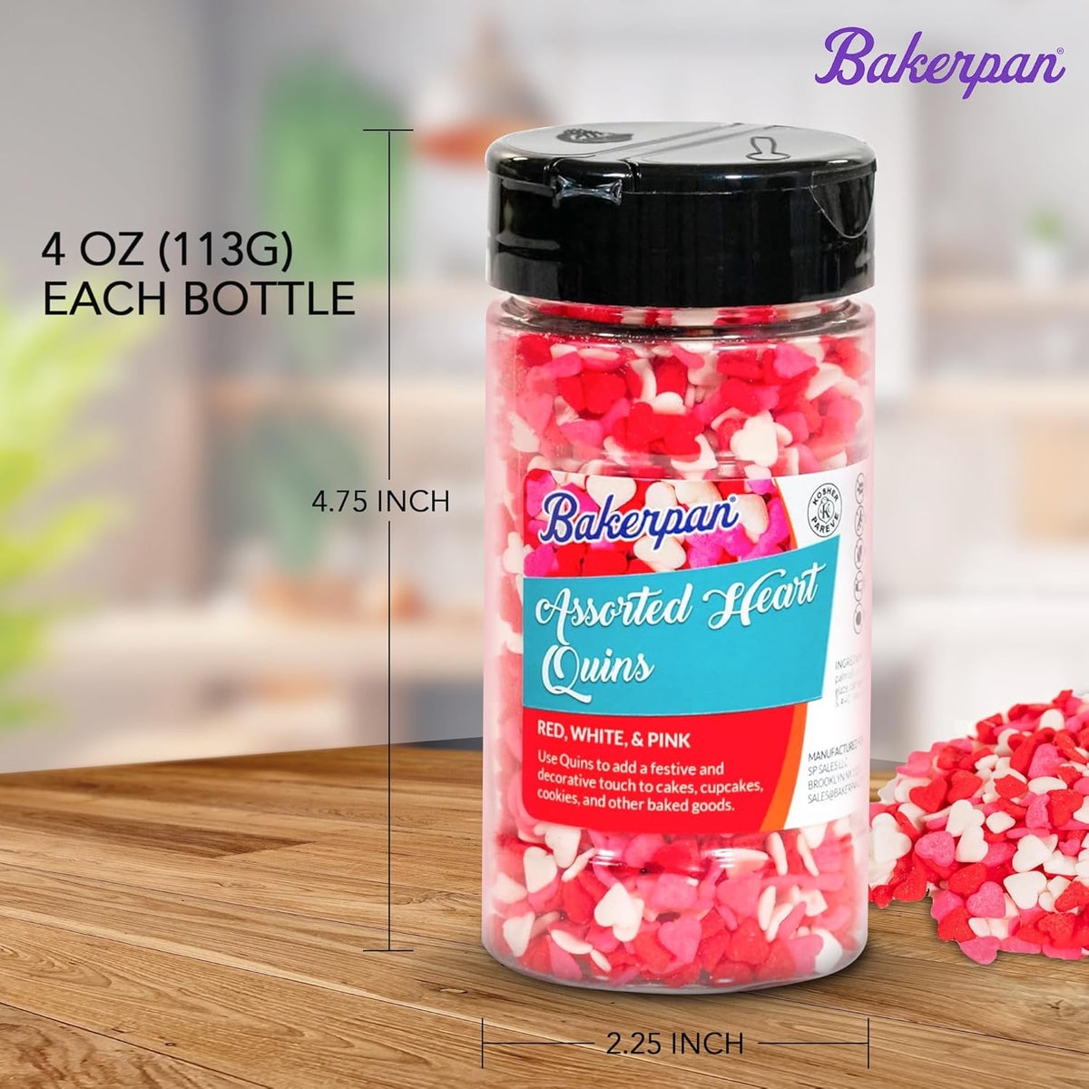 Bakerpan Heart Sprinkles for Baking, 4 Ounces Pink Heart Sprinkles Edible, Made in USA