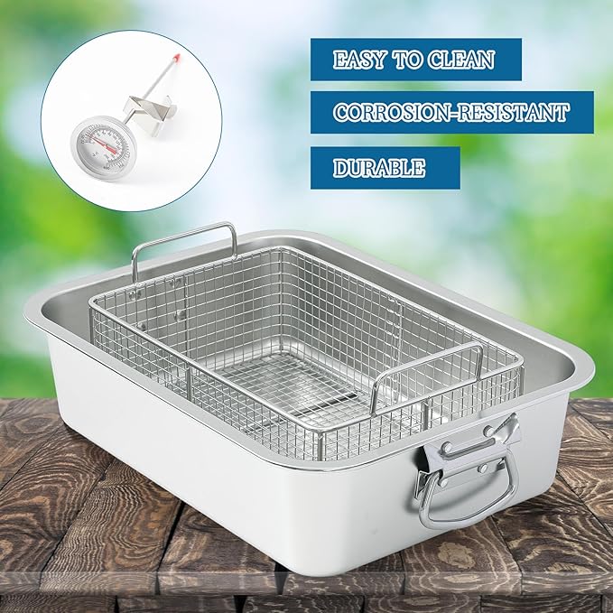 Teenyyou 10 Qt Stove Top Deep Fryer with Basket 304 Stainless Steel Deep Fryer Pan Chicken Frying Pot with Thermometer for Outdoor Kitchen Cooking French Fries Fish