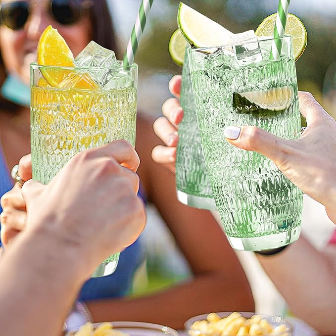 CREATIVELAND Highball Beverage Glasses Set of 6 Romantic Colored Thick & Heavy Base Big Capacity 14.87oz|440ml, Drinking Glass Tumblers for Iced Tea, Water, Soda & Juice and Cocktails