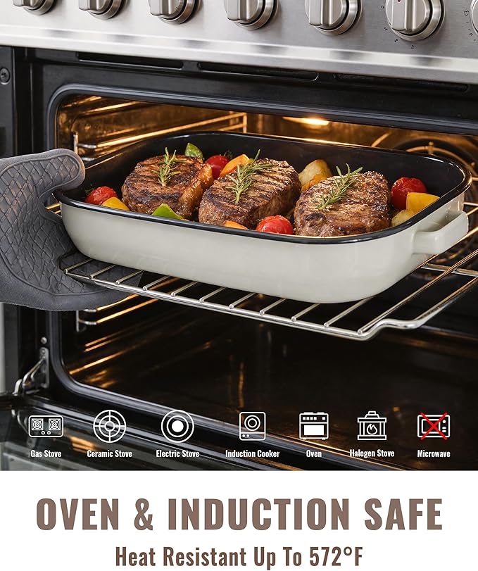 Roasting Pan for Oven with Rack 6-Piece Enamel Lasagna Baking Dishes Set 14&17 Inch, 572°F High Temperature Resistance Dishwasher Safe Non-Stick Deep Turkey Roaster Pan Mothers Day Gift Bakeware