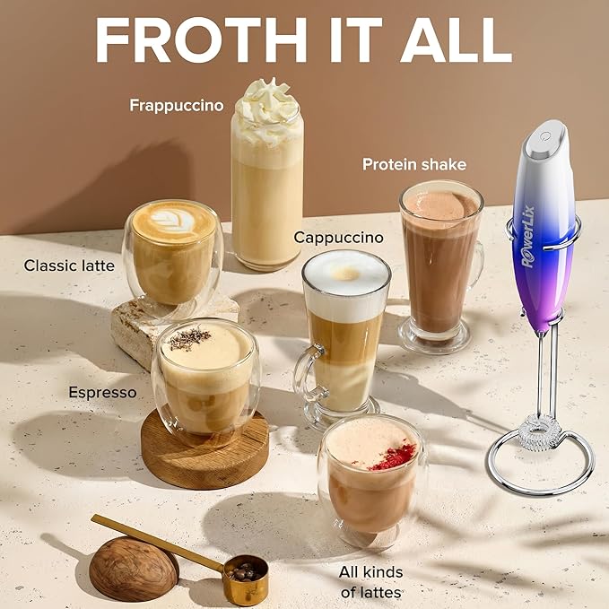 PowerLix Powerful Handheld Milk Frother With Stand Battery Operated Foam Maker Frother Wand For Coffee (Purple）