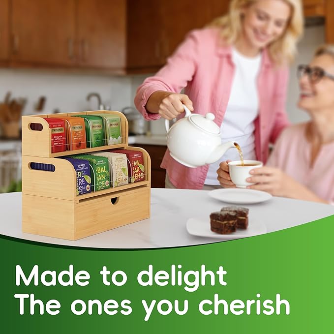 Bamboo Tea Organizer – Stackable Collection (2Tier w/Drawer)