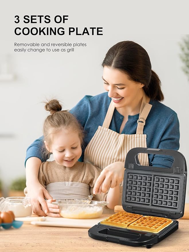Reemix 3-in-1 Waffle, Grill & Sandwich Maker, Panini Press Grill and Waffle Iron Set with Removable Non-Stick Plates, Perfect for Grilled Cheese, Tuna Melts, Burgers, Steaks (Black, Plastic)