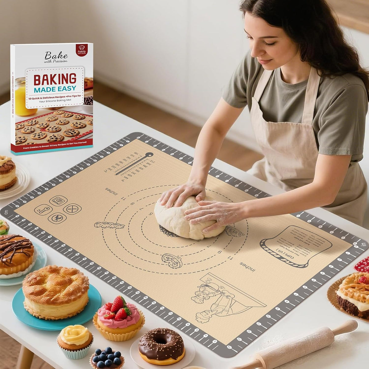 Silicone Baking Mat with 10 Quick Recipes, Extra Thick Silicone Mats for Baking, Non Stick Pastry Mat,Reusable kneading Dough Rolling Mat for Cookie, Macaron, Bread, Pizza-Tutorial Video Included