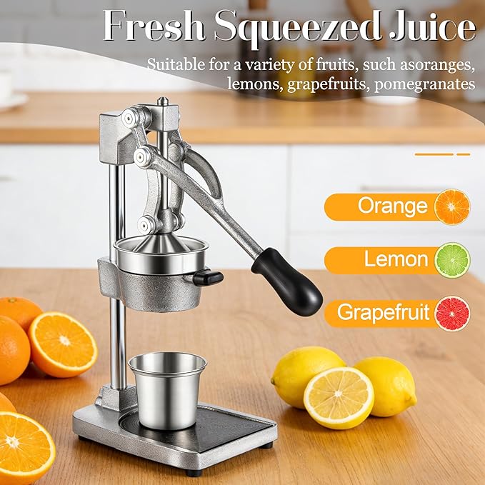 Cast Iron Manual Juicer Hand Press, Lemon Squeezer, Commercial-Grade Citrus Press Suitable for Oranges, Lemons, Limes, and Pomegranates Easy to Clean Includes Stainless Steel Cup, Gray