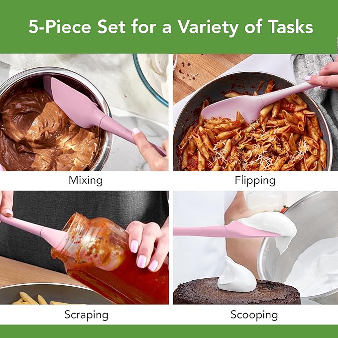 Tovolo Flex Core 5 Piece Silicone Spatula Set Heat Resistant All Silicone Utensils Include Non Stick Spatula Spoonula Jar Scraper, Dishwasher Safe BPA Free Spatulas for Baking Mixing, Pink Sorbet