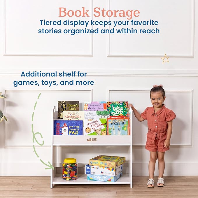 ECR4Kids 3-Shelf Floor Book Display with Handles and Storage, 30in, Kids Bookshelf, White Wash