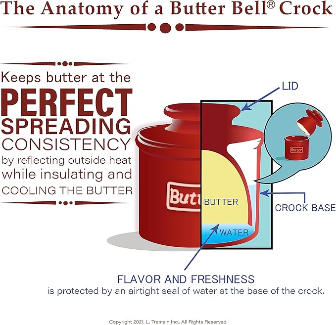 Butter Bell - The Original Butter Bell crock by L Tremain, a Countertop French Ceramic Butter Dish Keeper for Spreadable Butter, Antique Collection, White Linen
