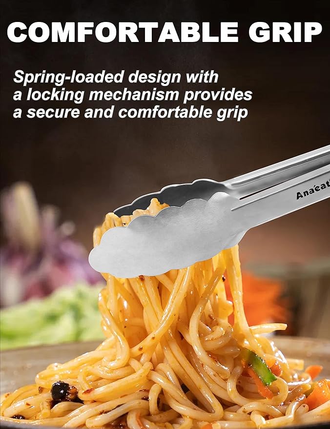 Anaeat Premium Kitchen Locking Tong Set of 3 - Heavy Duty Stainless Steel Food Tongs with Long Handle & Non-Slip Silicone Grip for Cooking, Baking, Grilling - Heat Resistant up to 480°F