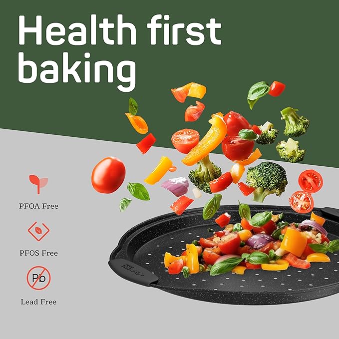 Non-Stick Pizza Pan with Silicone Handle 2 Pack, 13 Inch Round Carbon Steel Tray with Perforated Holes, Dishwasher & Oven Safe Up To 450°F, PFOAPFOSPTFE Free, Durable Nonstick Gray Marble Coating