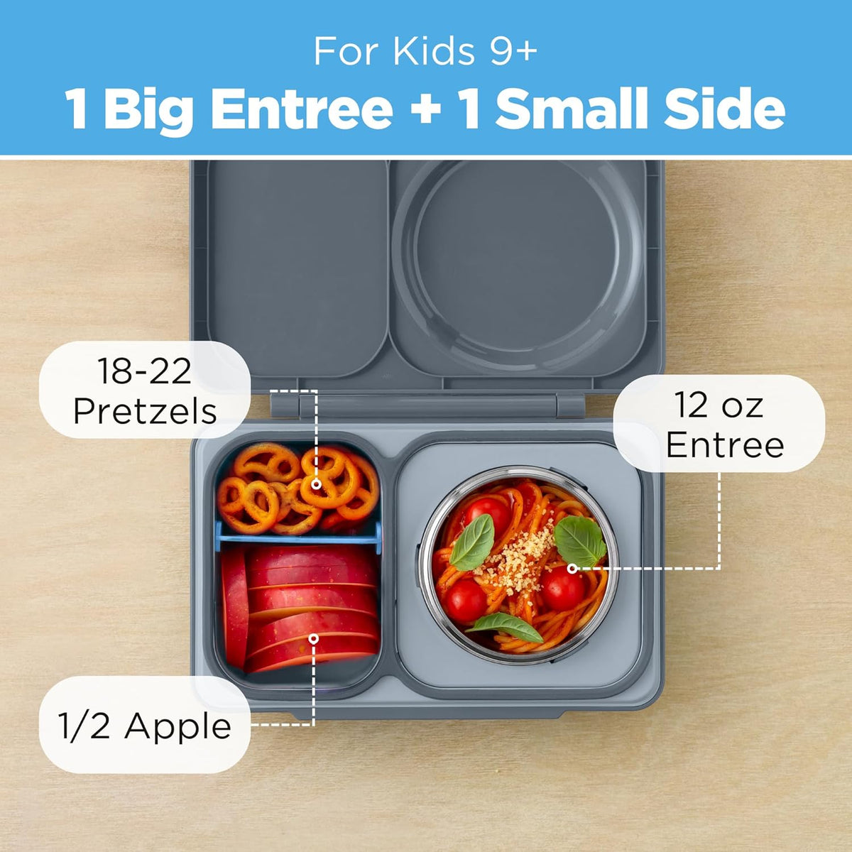 Omie OmieBox UP bento Box for Kids | Insulated Lunch Box | Leak Proof Vacuum Insulated Thermal Food jar | Cooler ice Pack | 2 Compartments (Graphite)