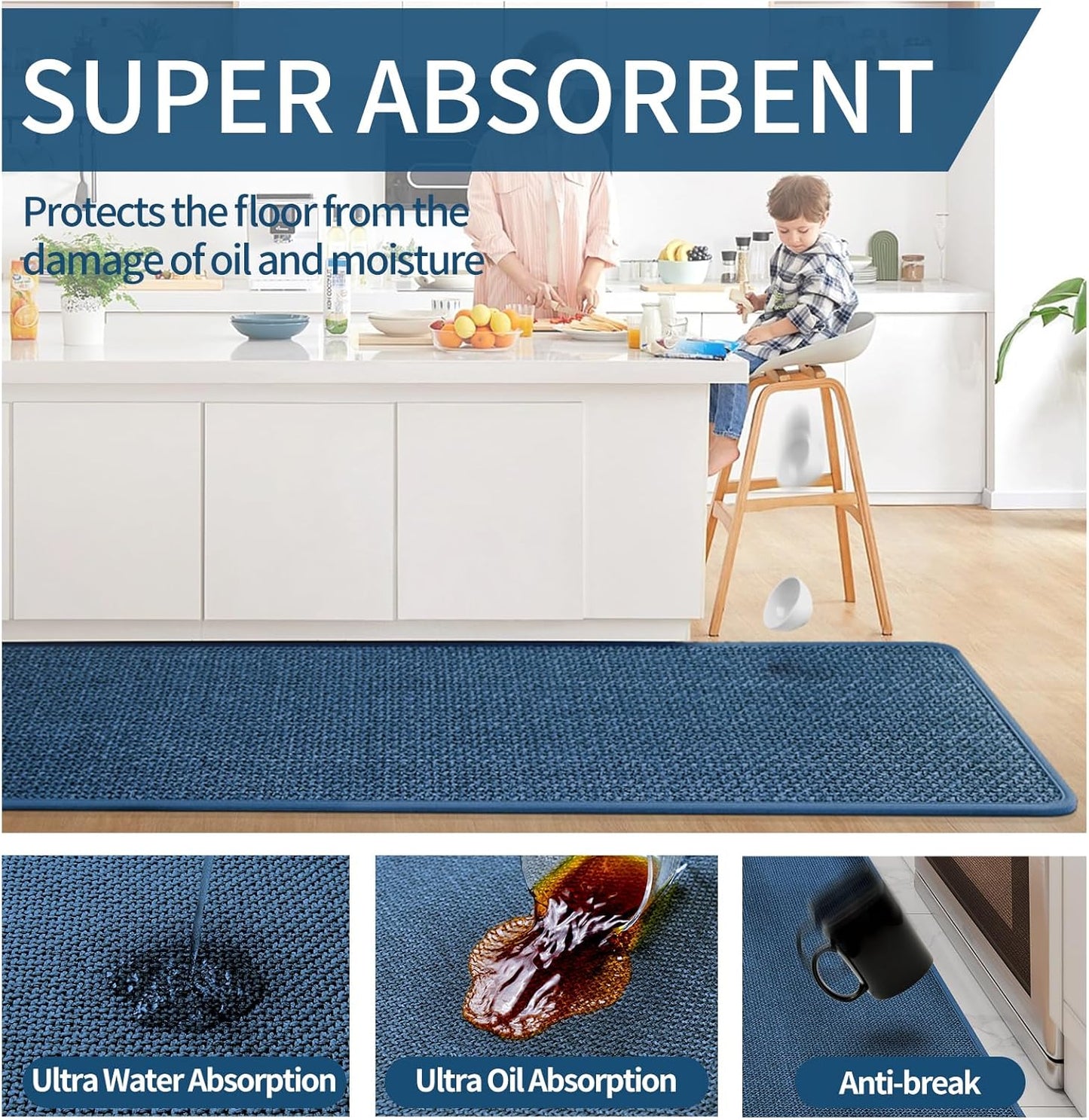 Kitchen Mats for Floor, Super Absorbent Kitchen Rugs Non Slip Washable, Soft Imitation Linen Braided Kitchen Runner Rug, Standing Mat Kitchens Sink Mat, Easy to Clean, Blue 17x95