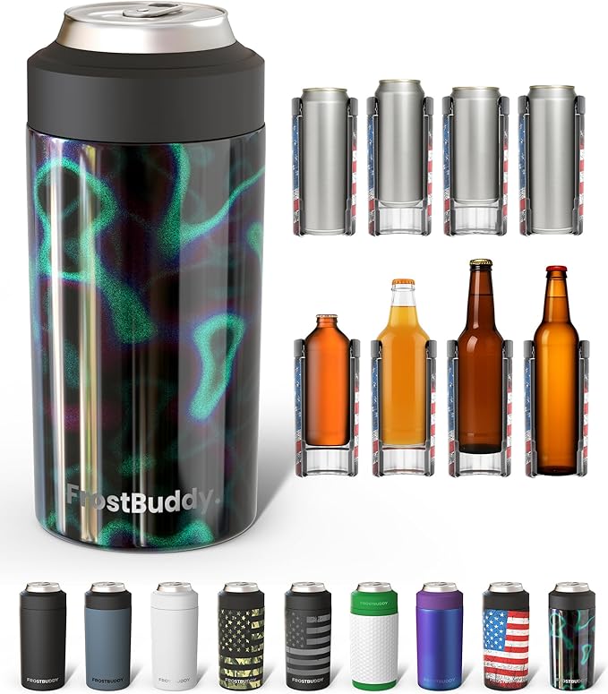 Frost Buddy Universal Buddy Can Cooler - Fits All - For Regular 12 & 16 oz or Slim-Size Bottles - Insulated Double-Walled Stainless Steel (Lights)