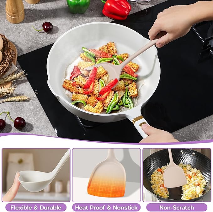 Onader Silicone Cooking Utensils Set, 6 Pcs Kitchen Utensils for Cooking, Heat Resistant Kitchen Gadgets Tools Set for Nonstick Cookware - 3 Mixed Color (Khaki & Pink & White)