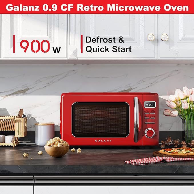 Galanz GLCMKZ09RDR09 Retro Countertop Microwave Oven with Auto Cook & Reheat, Defrost, Quick Start Functions, Easy Clean with Glass Turntable, Pull Handle, 0.9 cu ft, Red
