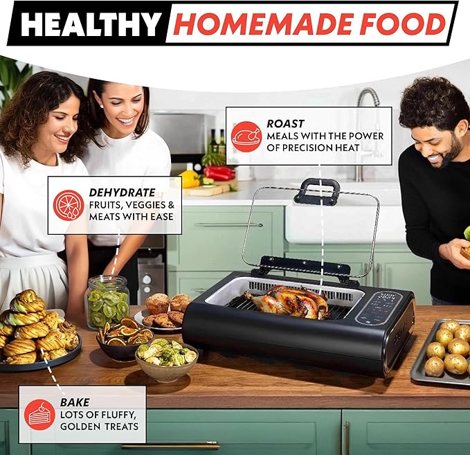 Gourmia Smokeless Indoor Grill - Air Fryer Combo with Smoke Extractor, 5 Cooking Presets, Grill, Air Fry, Roast, Bake, Dehydrate, Countertop Cooker, Glass Lid
