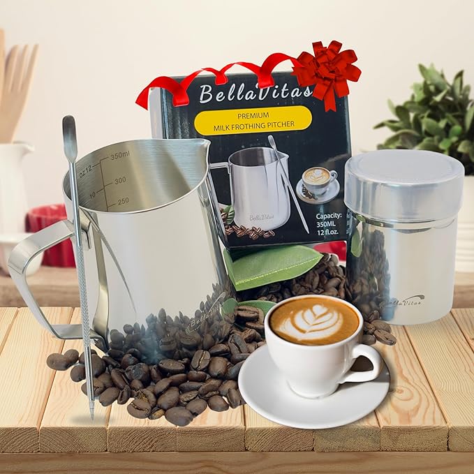 Milk Frothing Pitcher Set 12oz/350ml, 304 Stainless Steel Milk Frother Cup with Cocoa Shaker, Latte Art Pen, Stencils, Espresso Machine Accessories & Coffee Barista Tools Latte Pitcher Gift