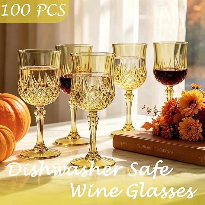 Plastic Wine Glasses, Plastic Goblets Vintage Style Cordial Unbreakable Drinking Glasses, Reusable Drinkware for Wedding Reception, Grand Event Party Supplies, Easter (100, Gold)